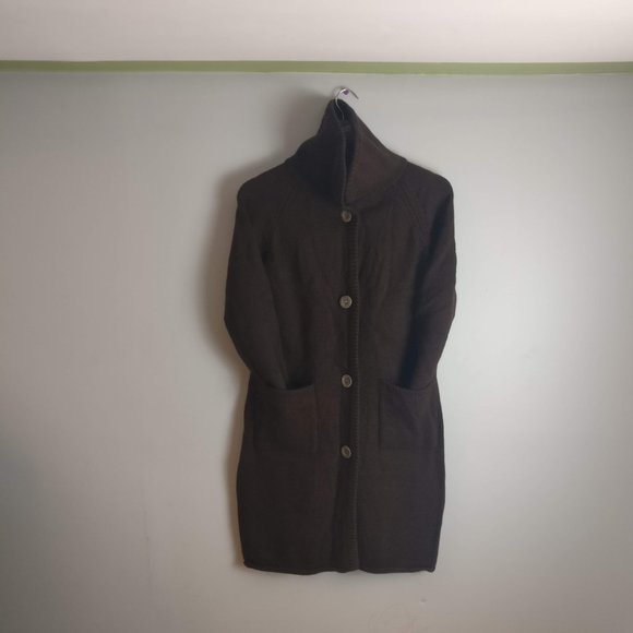 Chocolate BROWN Italian Cashmere Wool blend sweaterdress coatigan front button S - Picture 2 of 10